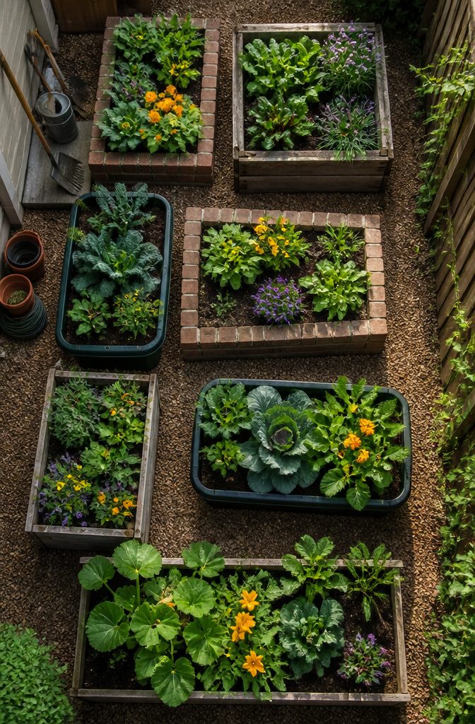 Containerized raised beds made from various materials in a garden.