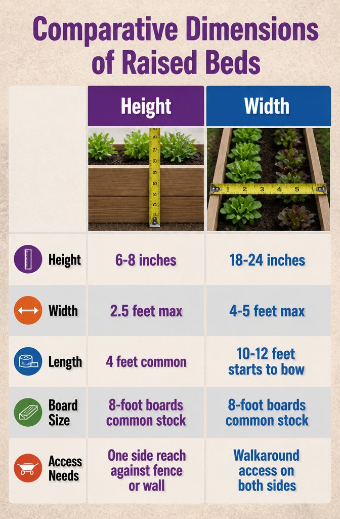 Diagram showing recommended dimensions for raised beds.