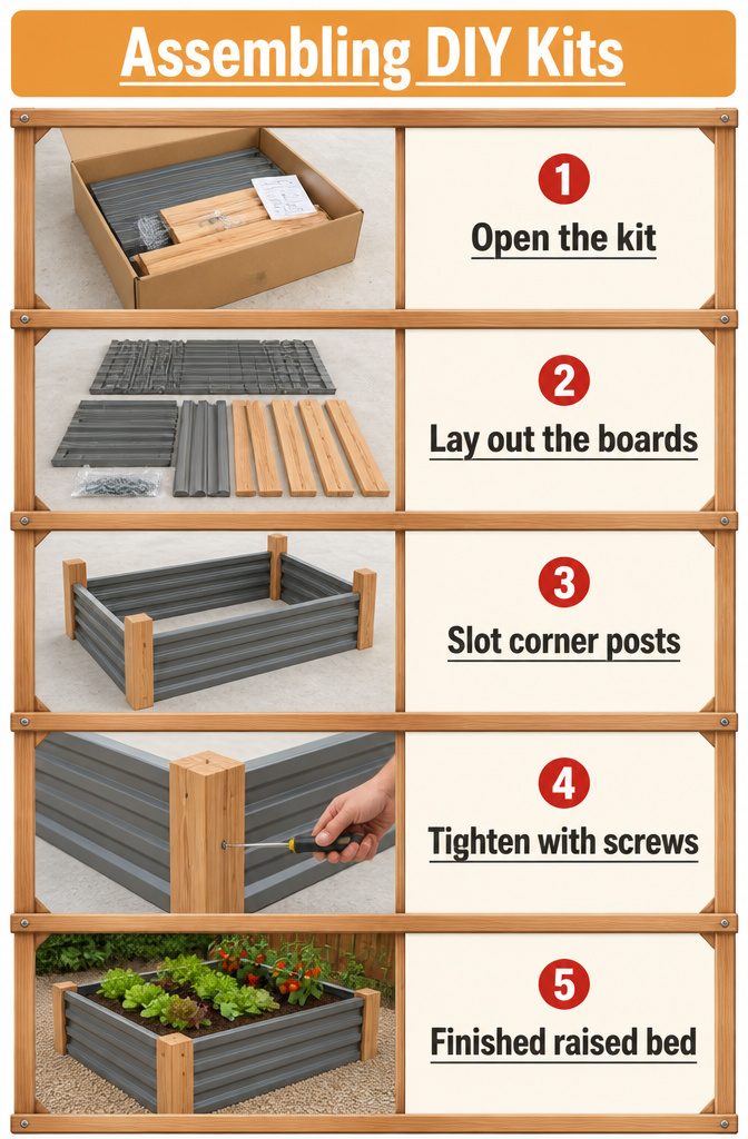 Assembled DIY kits for raised garden beds ready for planting.