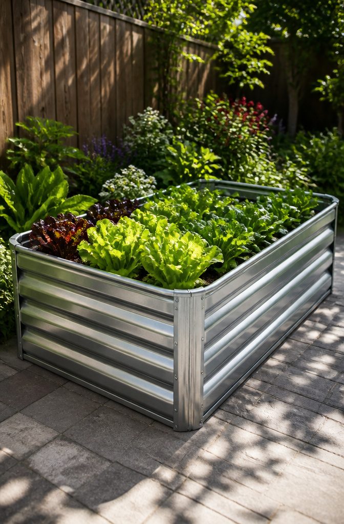 Metal raised bed constructed from galvanized steel panels.