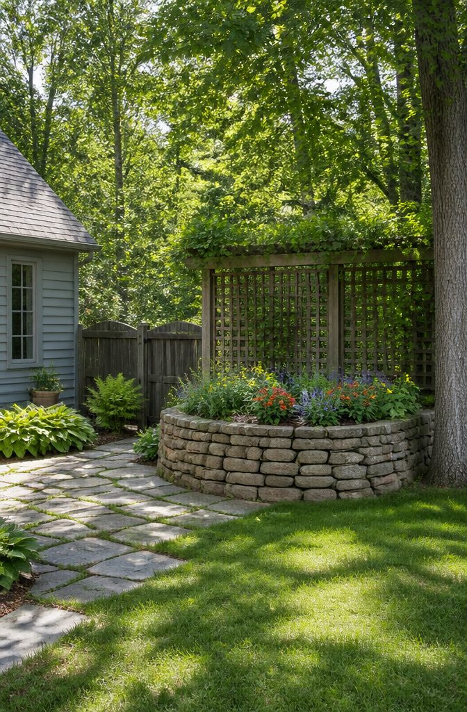 Stone raised bed showcasing durable construction in a garden.