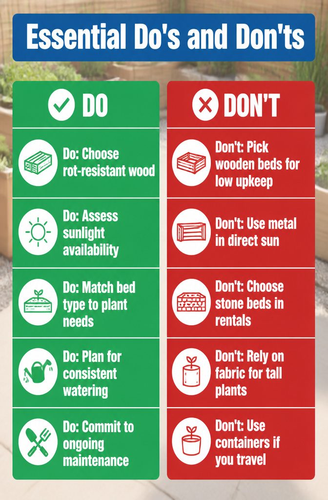 Graphic listing essential do's and don'ts for raised beds.