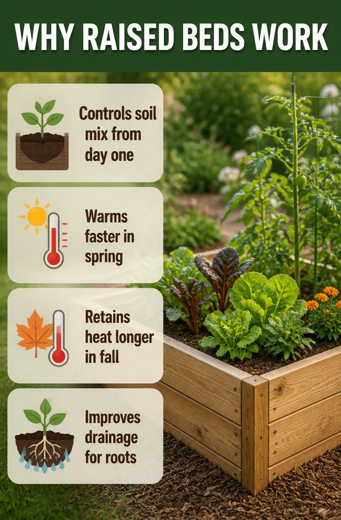 Illustration explaining the benefits of raised garden beds.