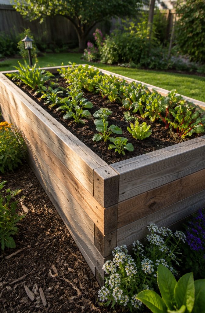 Wooden raised bed with green seedlings and dark soil.