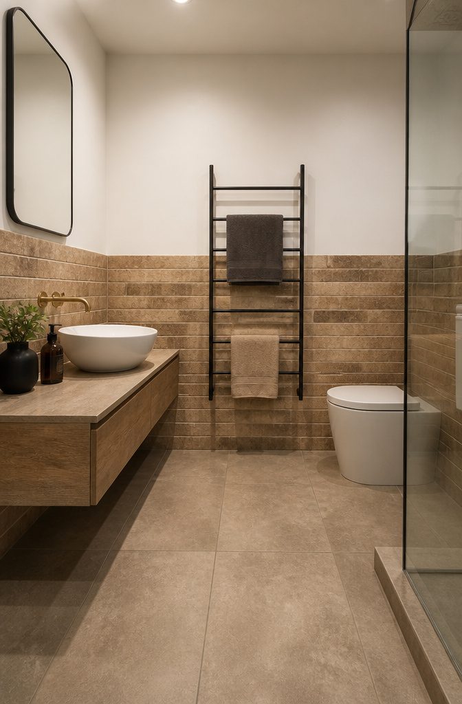 Porcelain tiles designed to look like brick cover the lower wall.