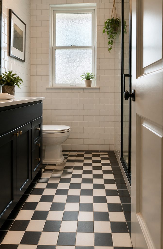 Checkerboard floor pattern of cream and charcoal tiles in a bathroom.