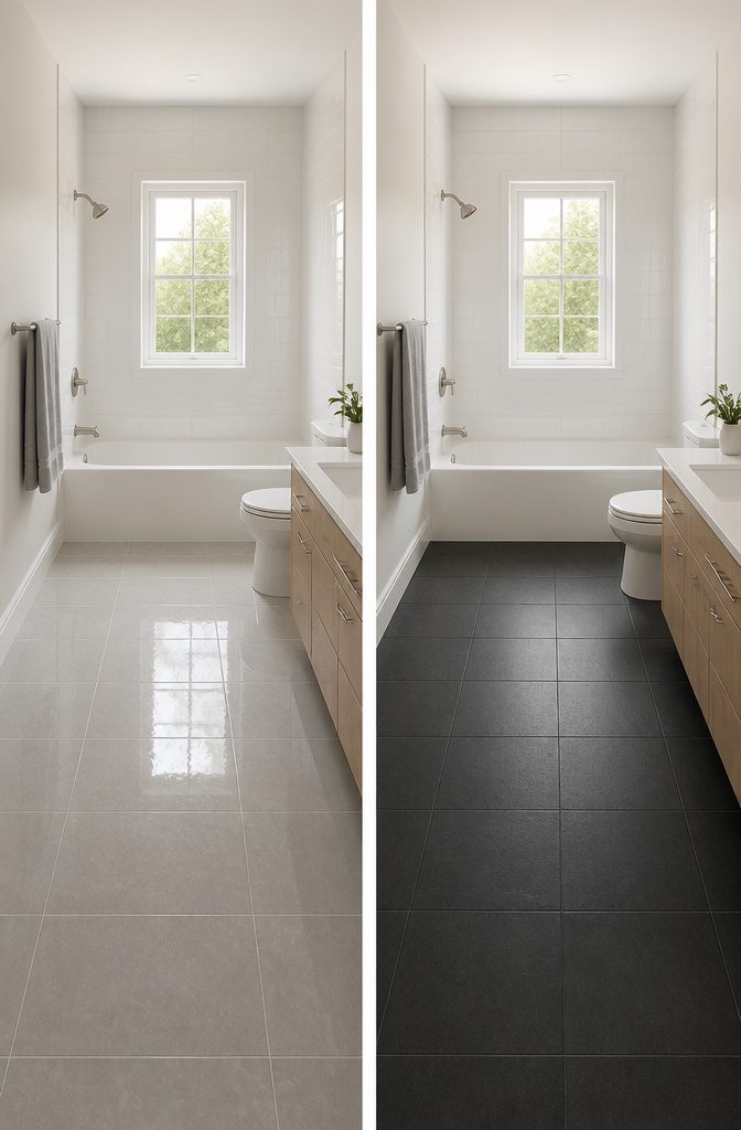 Combination of glossy wall tiles and matte floor tiles in a bathroom.