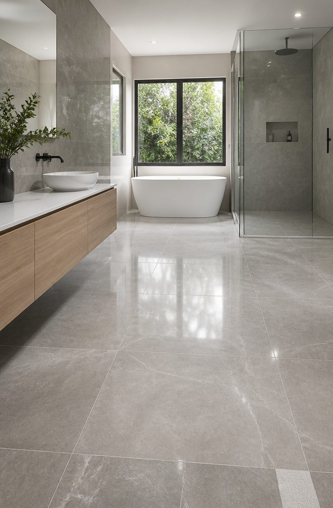 Large format gray tiles laid across the floor in a compact bathroom.