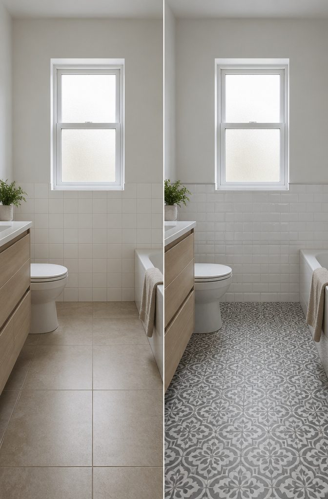 Large format floor tiles paired with wall materials in a bathroom.