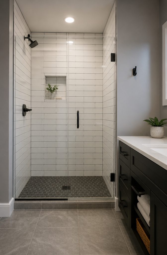 White subway tiles in a horizontal offset pattern in a shower.