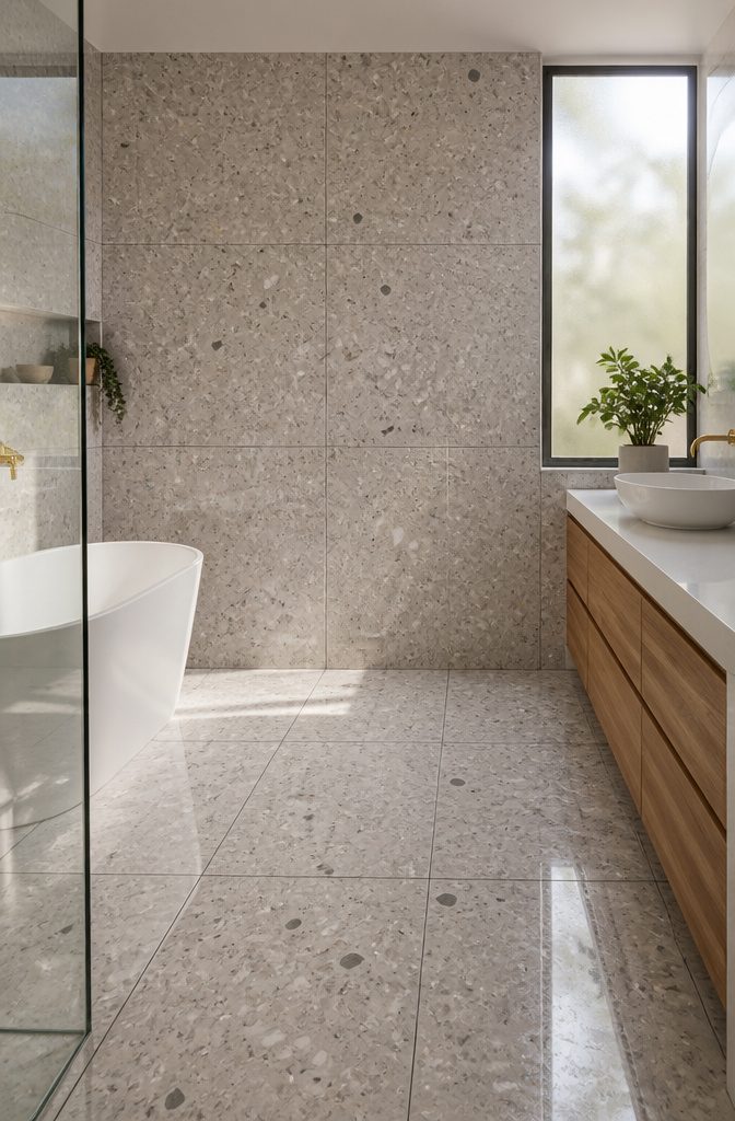 Terrazzo tiles in muted shades on a statement wall and floor.