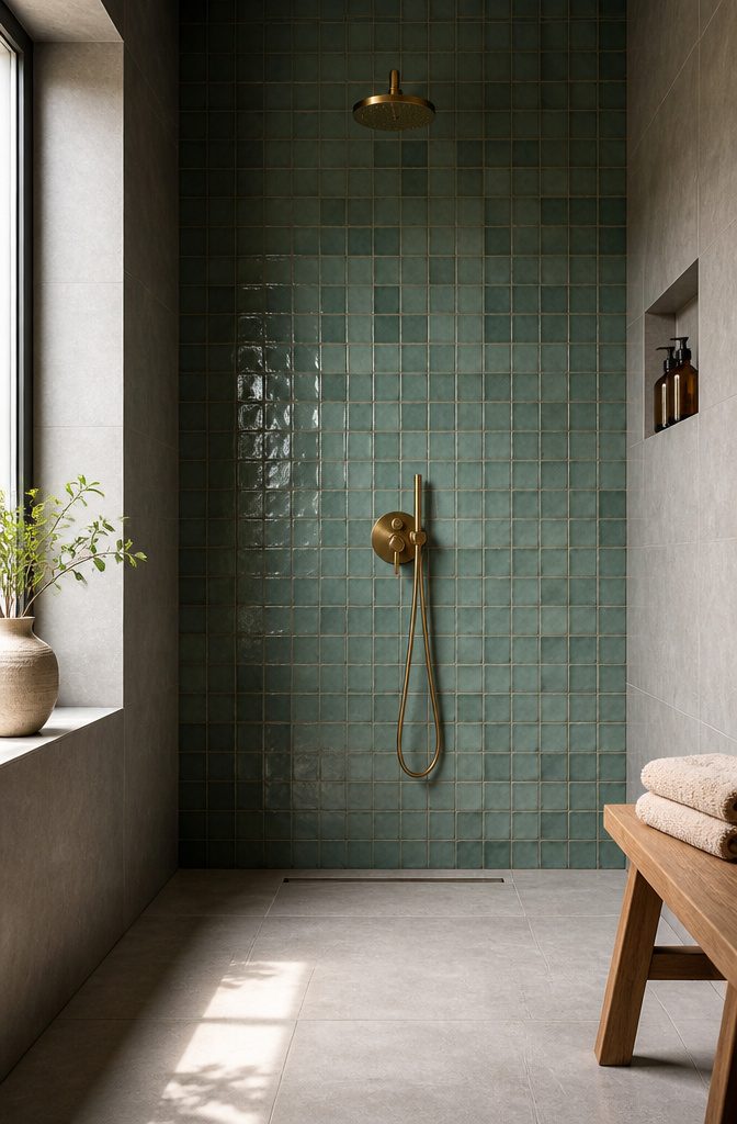 Zellige tiles with color variations line the back wall of a shower niche.