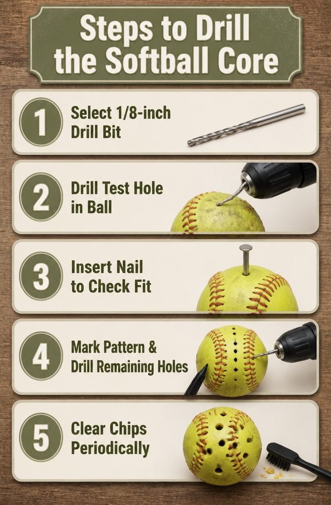 Steps showing how to drill holes into a foam softball.