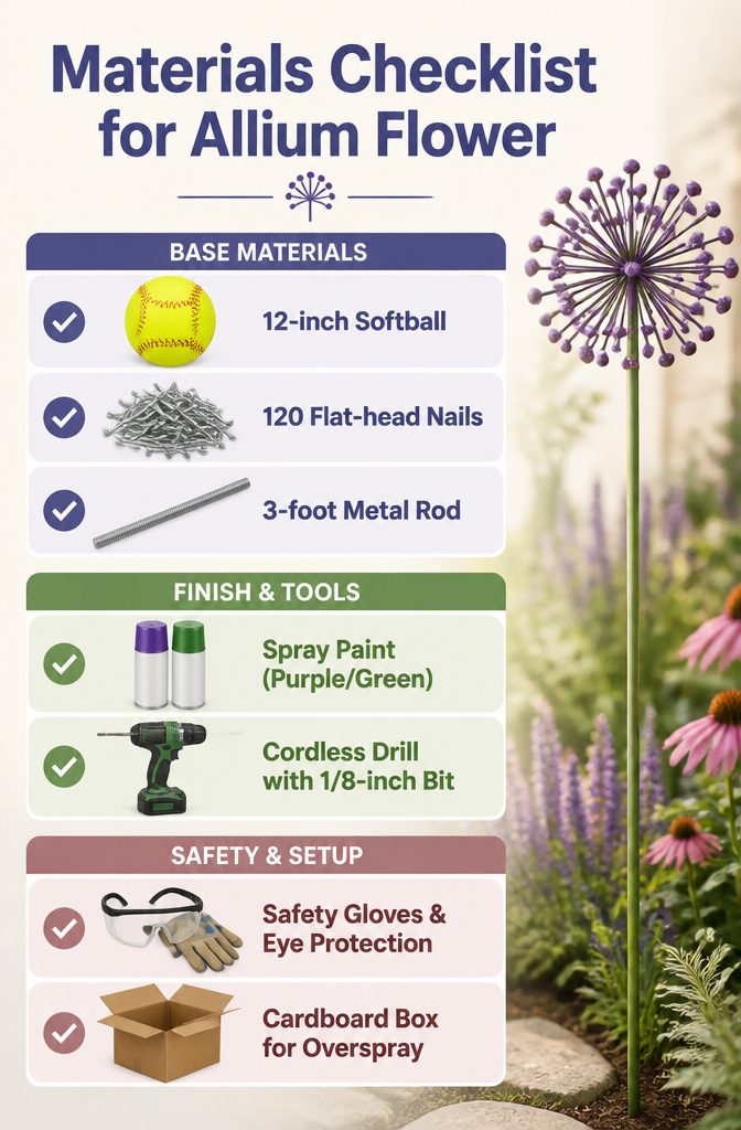 A checklist of materials needed to build an allium metal flower.