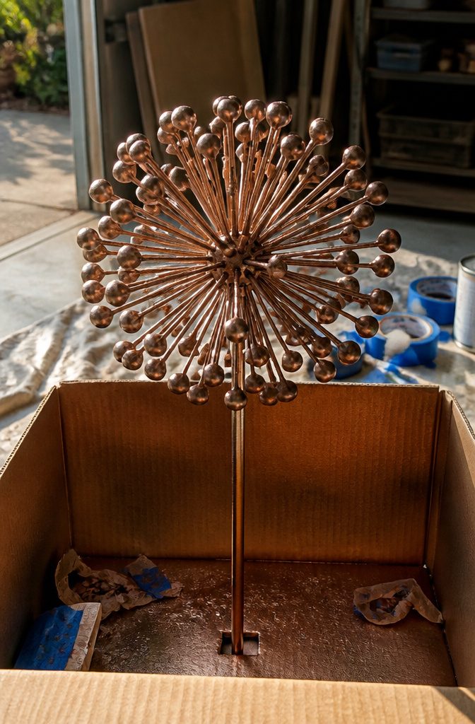 A cardboard box containing the flower head during spray painting.