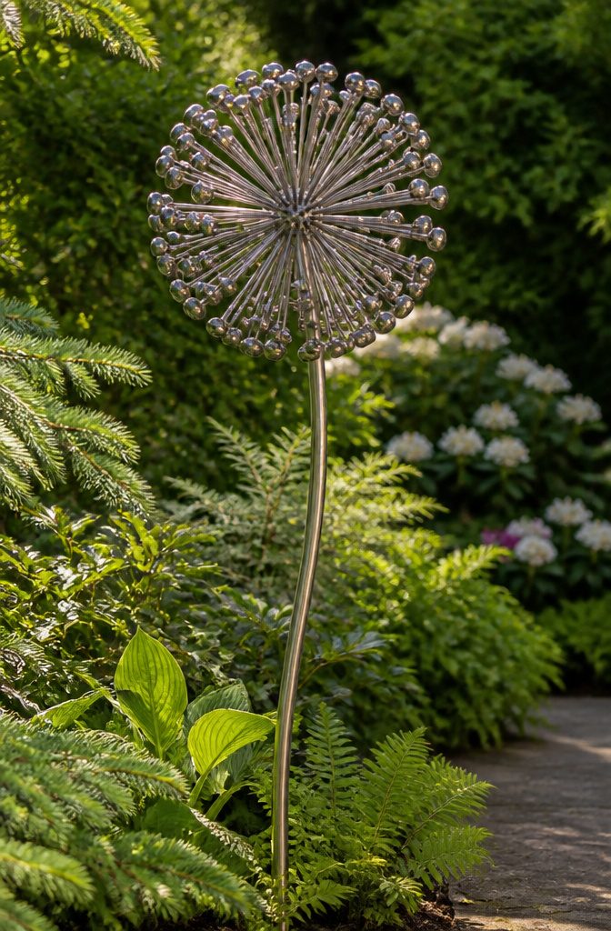A metal allium flower art piece with a spherical head among green plants.