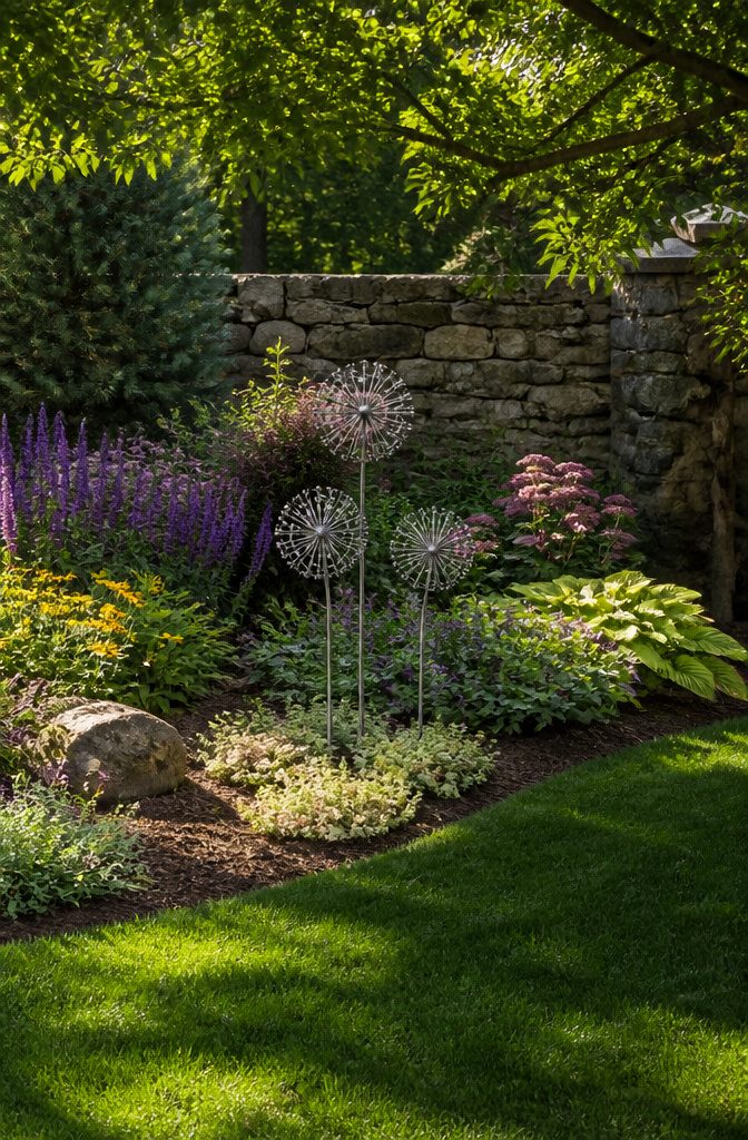 Several allium metal flowers displayed together in a garden.