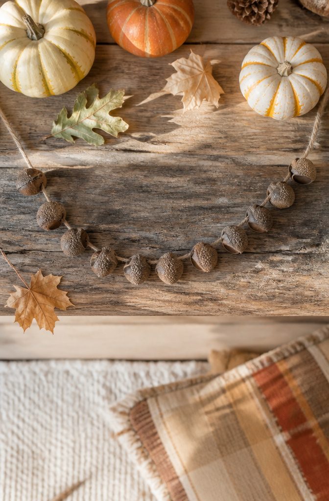 A garland made of acorn caps strung on twine, hanging decoratively.
