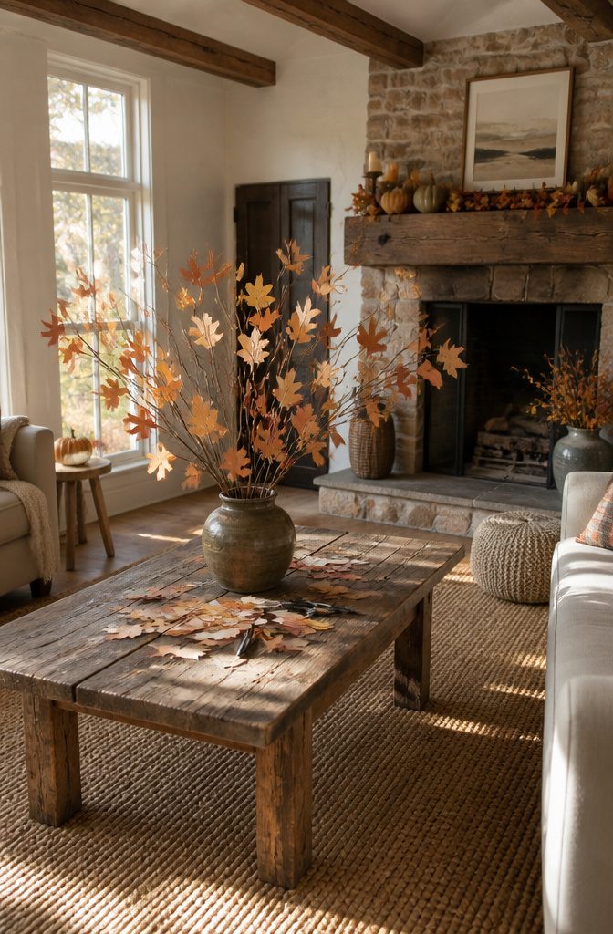 A branch decorated with paper leaves representing a gratitude tree.