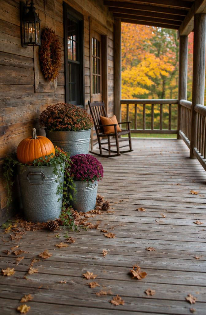 Two galvanized olive buckets filled with pumpkins and plants on a porch.