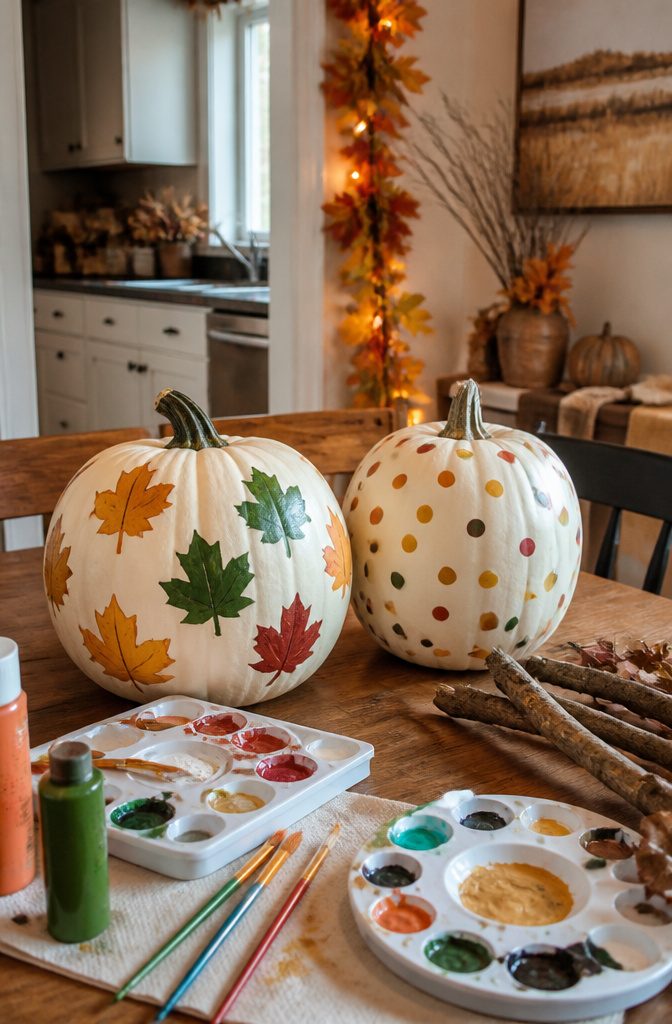 Two decorated pumpkins and art supplies on a kitchen table.