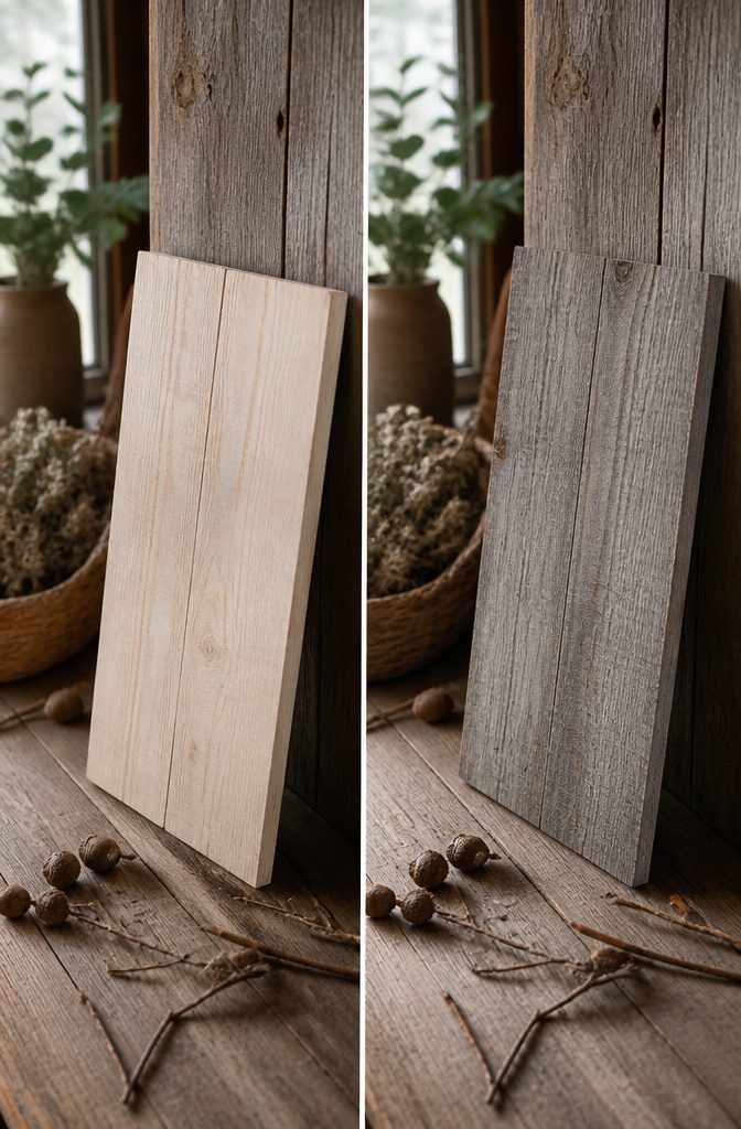 A wooden sign stained with vinegar and steel wool, showing a rustic finish.