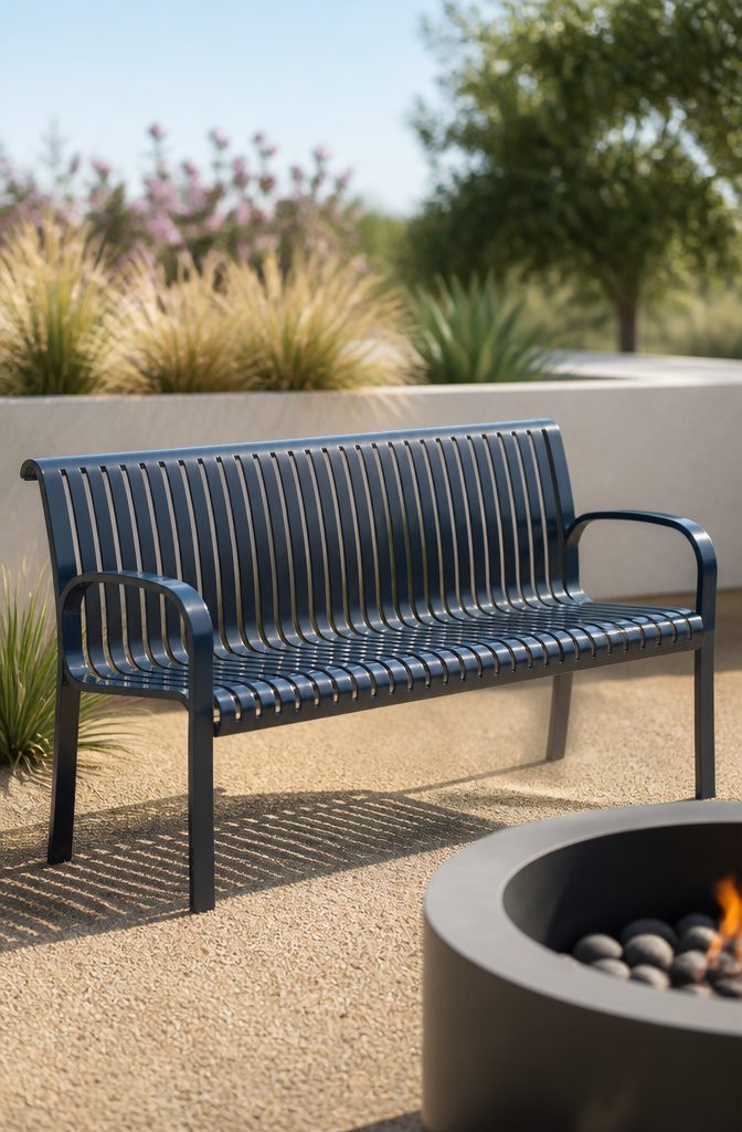 Lightweight aluminum bench on a patio.