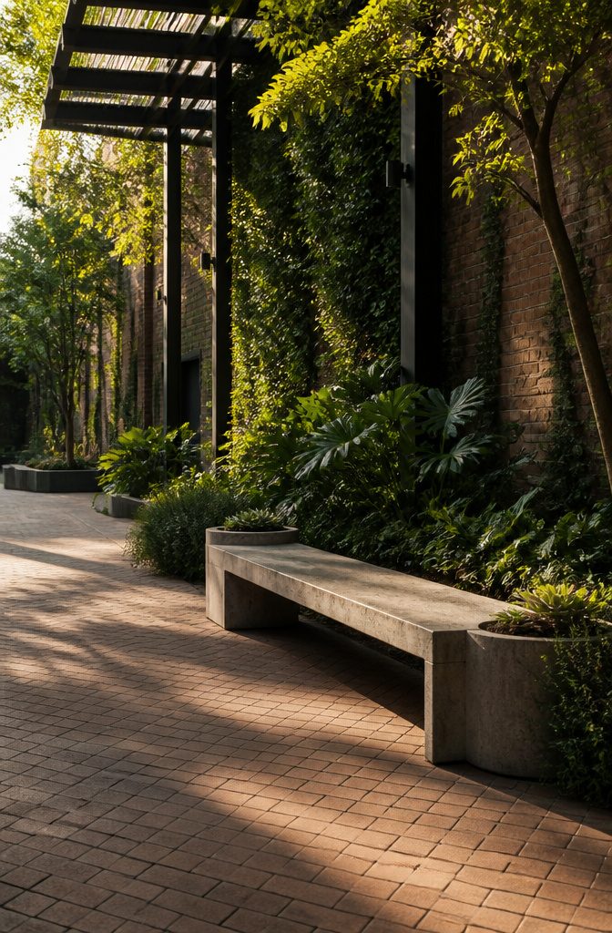Cement outdoor bench positioned on a patio.