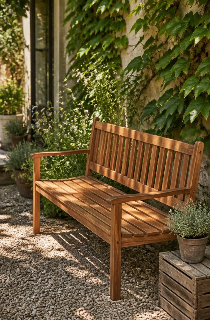 Eucalyptus wood bench placed in a courtyard with ivy.