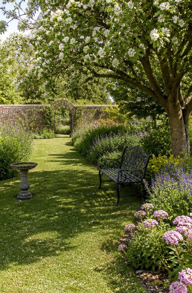 Heavy cast iron bench with decorative design in a garden.