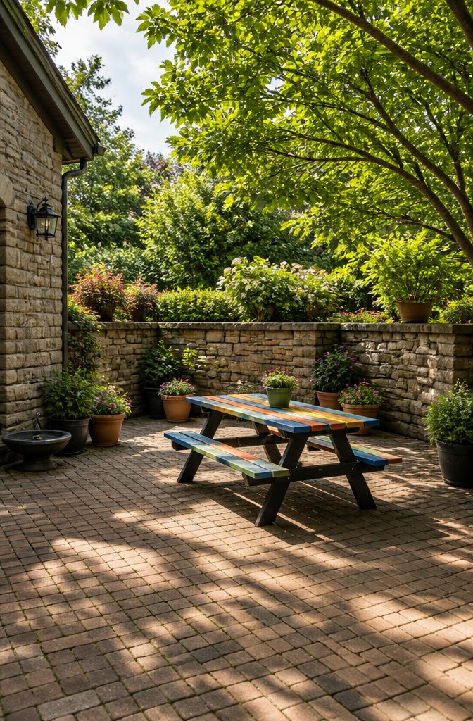 Picnic bench with integrated table set on a patio.