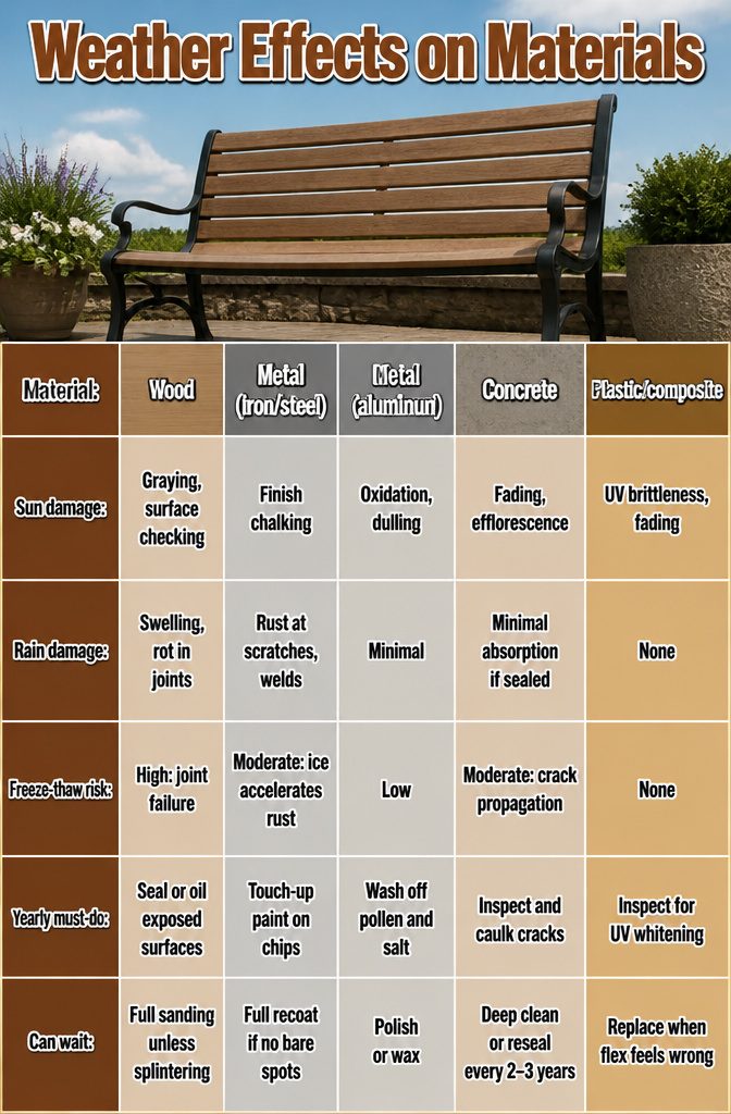 Chart showing weather effects on different bench materials.