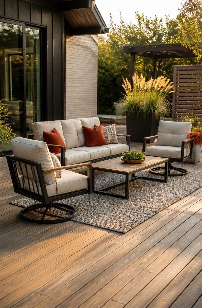 Aceline 5-person Sunbrella seating set with swivel chairs and coffee table.