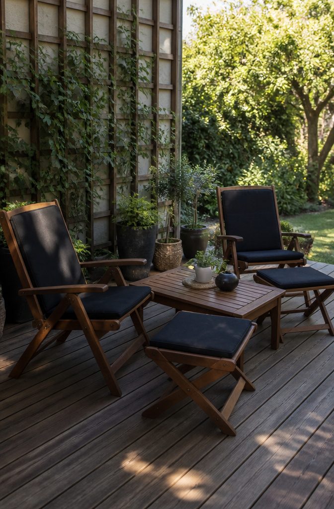 Armida 4-person acacia seating set with two folding lounge chairs and ottomans.