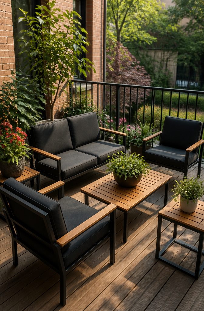 Everlee Sunbrella patio seating with two chairs and a loveseat.