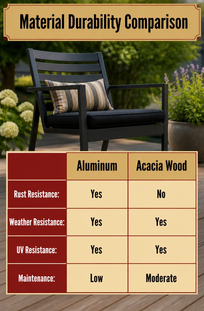 Material durability comparison image showing aluminum and acacia wood.