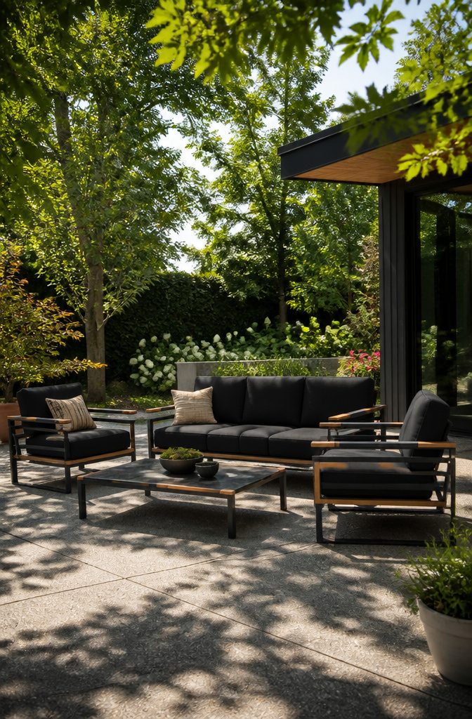 Perci 5-person patio seating with aluminum frame and Sunbrella cushions.