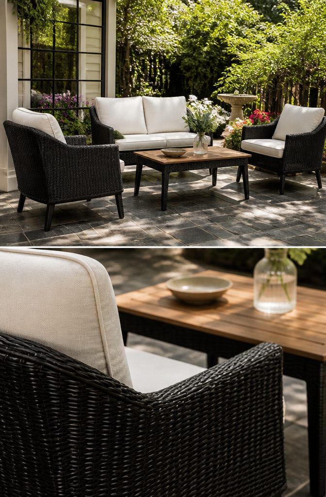 Swifton 3-person wicker seating set with a solid wood table.