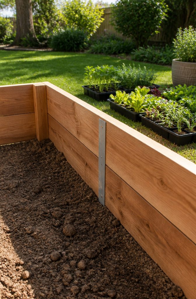 A galvanized steel mending brace being installed in a garden bed frame.