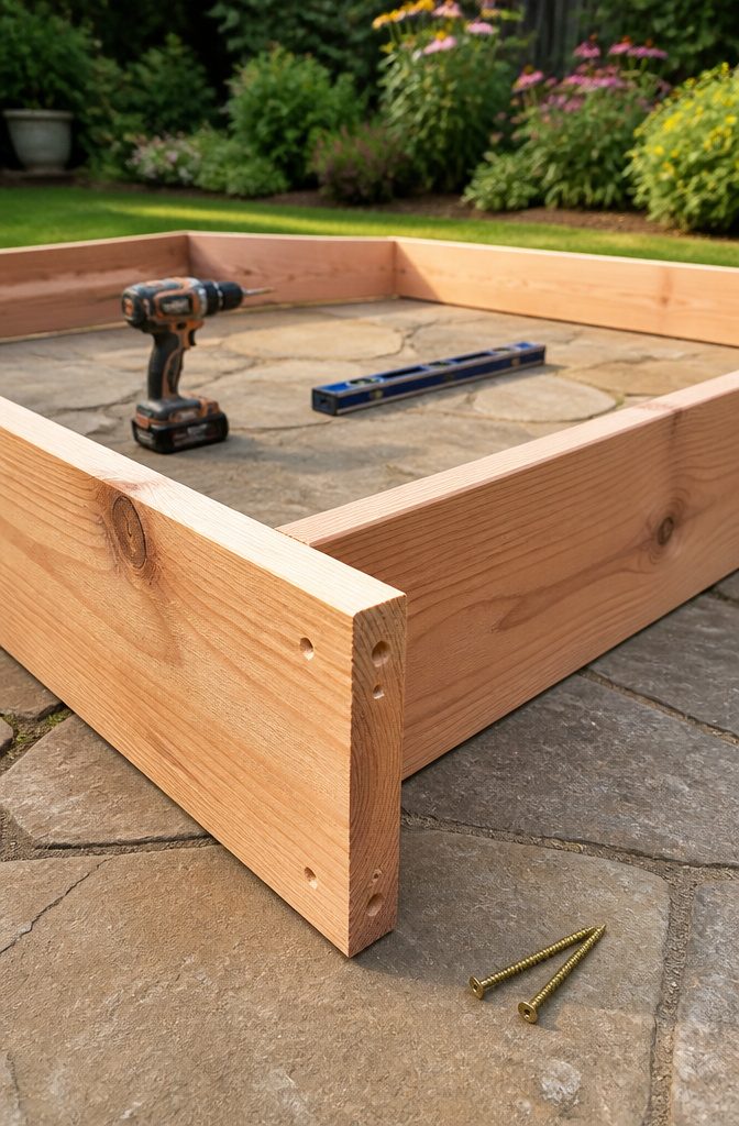 A close-up of screws being used to assemble a garden bed frame.