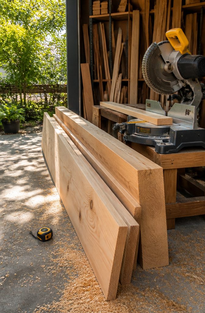 A photo of cedar boards being cut next to a miter saw.