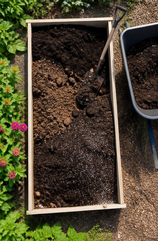 Soil being prepared for filling a raised garden bed.
