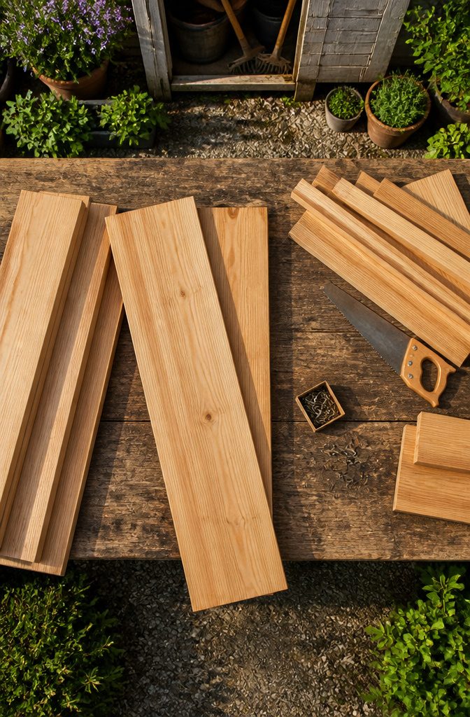 A collection of cedar and pine boards prepared for a raised bed.