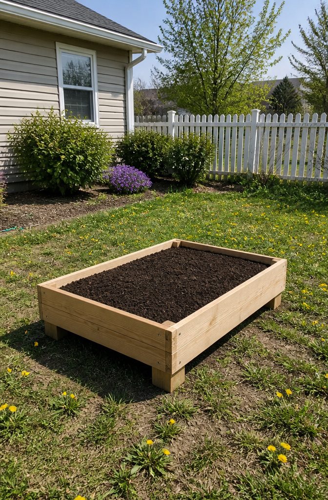 A photo showing tools and lumber for constructing a raised garden bed.