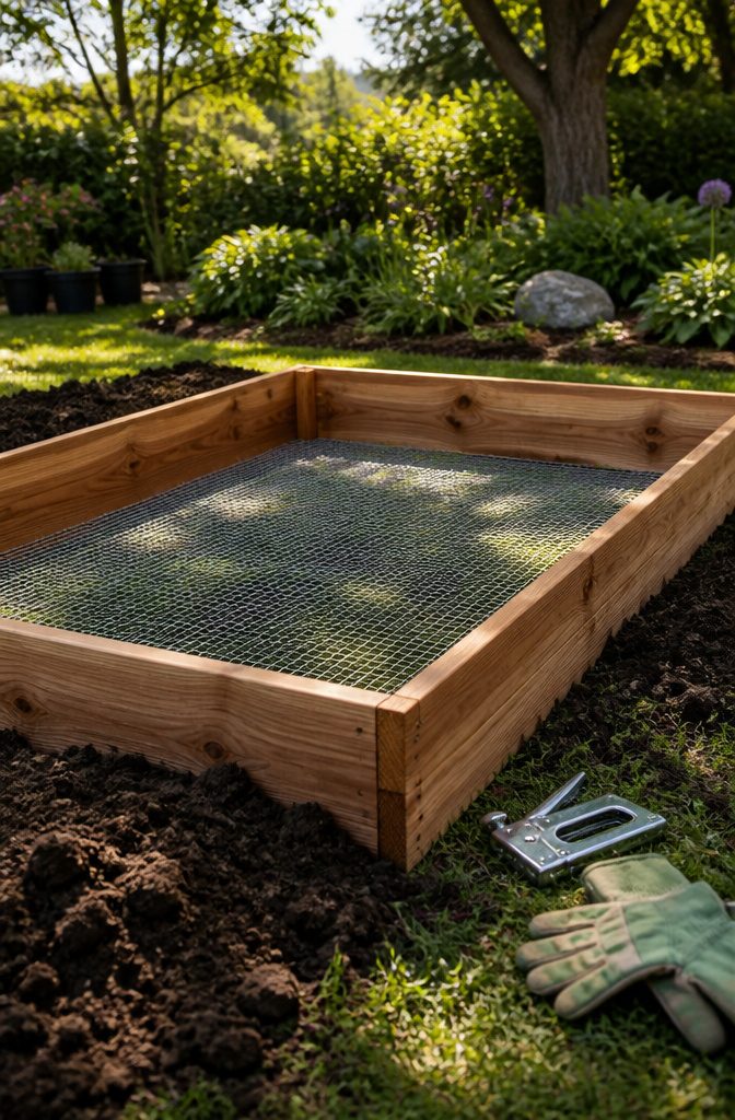 Hardware cloth laid flat within a raised garden bed frame.
