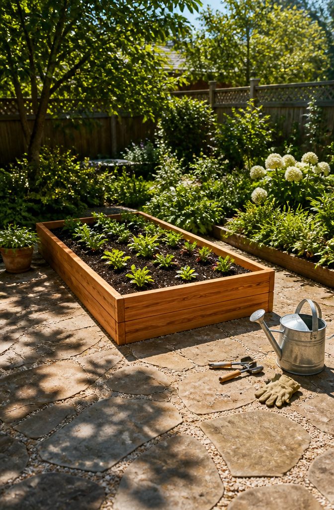 Seedlings being planted in a newly filled raised garden bed.