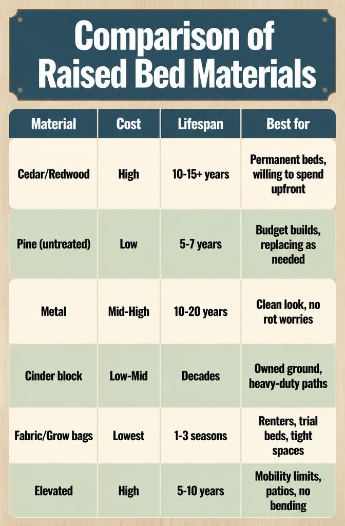 An information graphic comparing various raised bed materials.