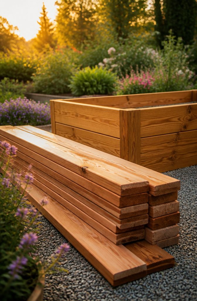 Close-up of untreated cedar boards used for a garden bed.