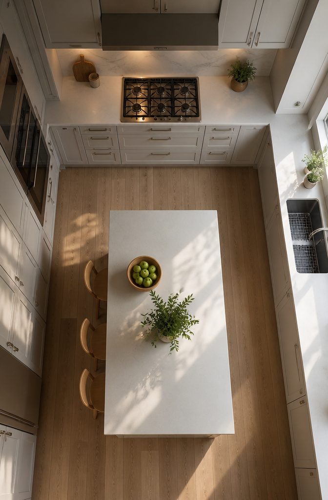 Shaker and flat-panel cabinets illustrating clean lines in kitchen layout.