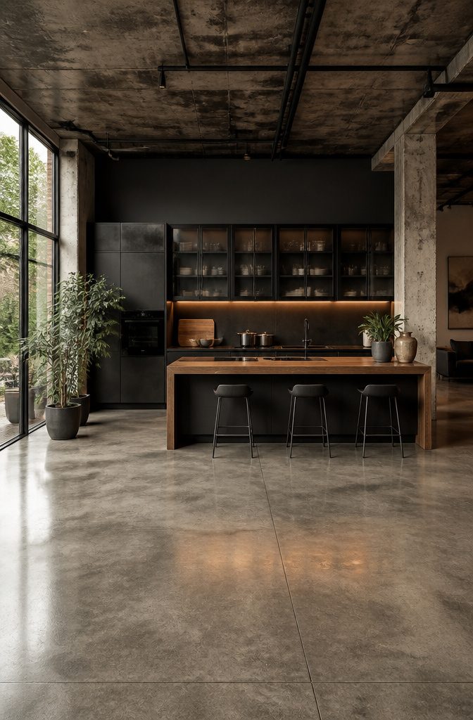 Industrial modern kitchen featuring charcoal cabinets and smoked glass details.